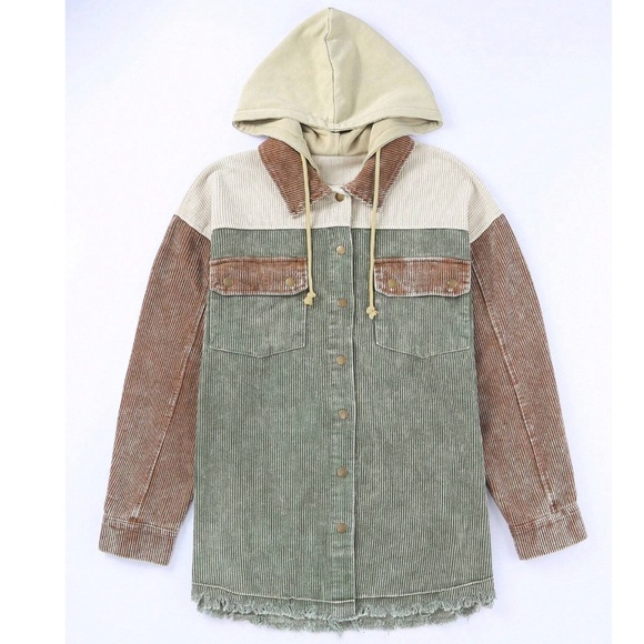 016 Cozy Color Block Oversized Corduroy Hoodie Jacket Shacket - Picture 4 of 13